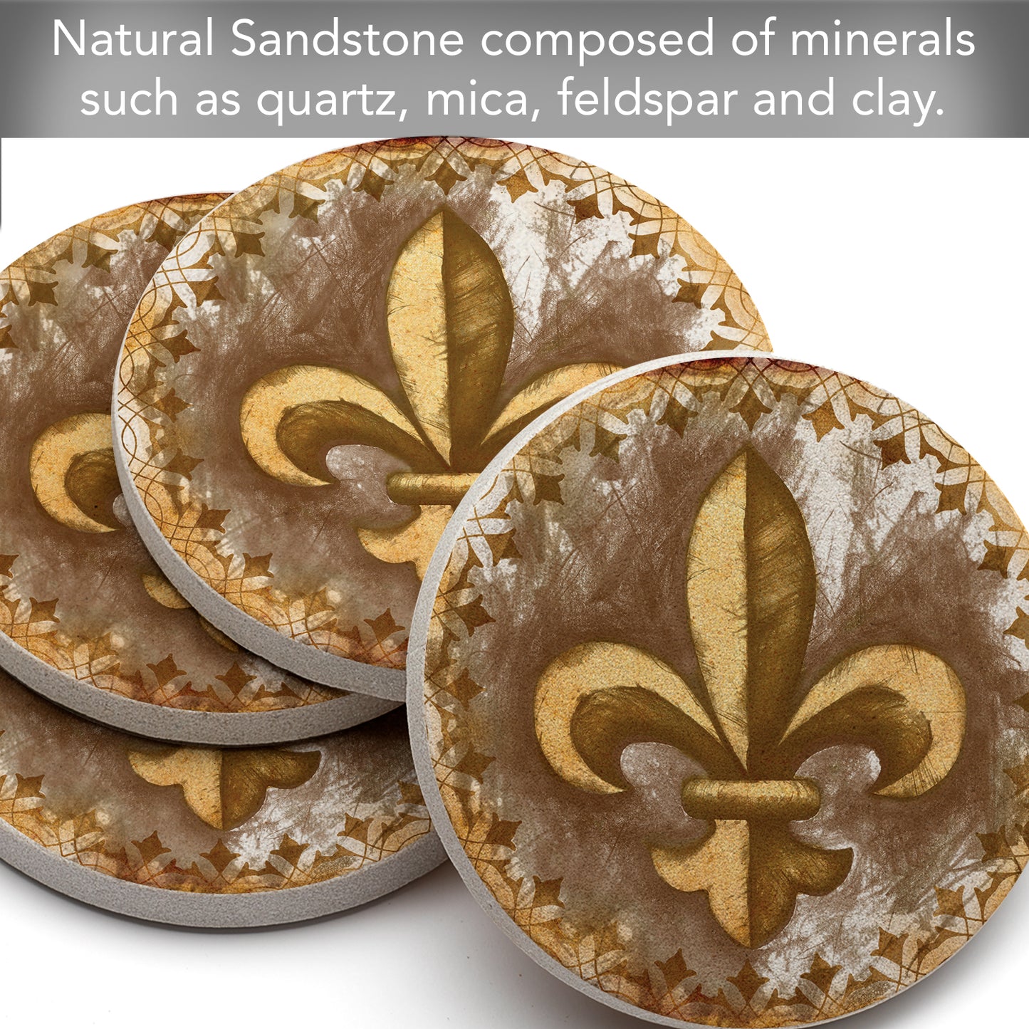 Thirstystone Gold Fleur de Lis 4 Pack Round Natural Sandstone Coasters with Protective Cork Backing Manufactured in The USA