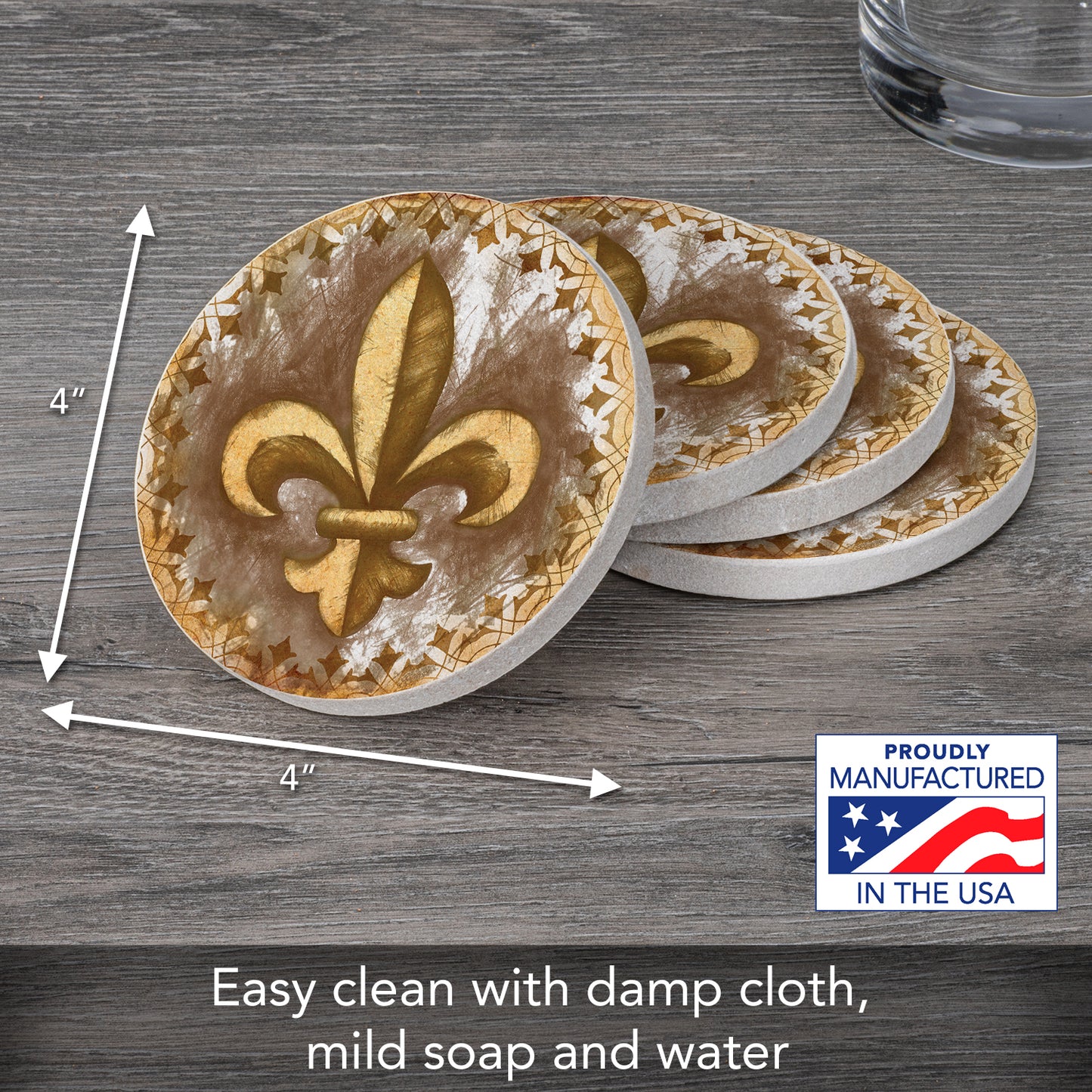Thirstystone Gold Fleur de Lis 4 Pack Round Natural Sandstone Coasters with Protective Cork Backing Manufactured in The USA