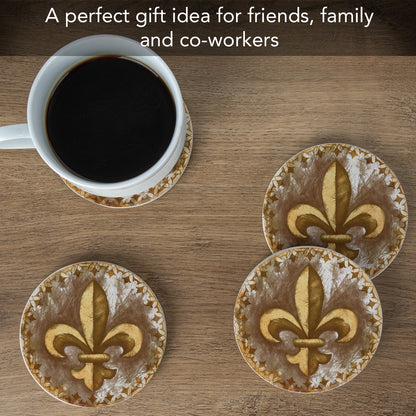 Thirstystone Gold Fleur de Lis 4 Pack Round Natural Sandstone Coasters with Protective Cork Backing Manufactured in The USA