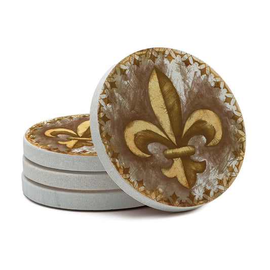 Thirstystone Gold Fleur de Lis 4 Pack Natural Sandstone Coasters 4" Round