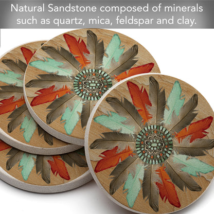 Thirstystone Feather Medallion Natural Sandstone Coaster 4 Pack Eco-Friendly, Absorbent, Easily Wipes Clean