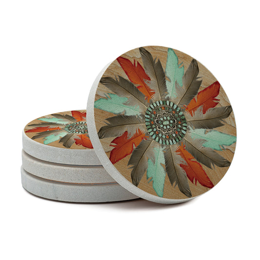 Thirstystone Feather Medallion 4 Pack Natural Sandstone Coaster 4" Round