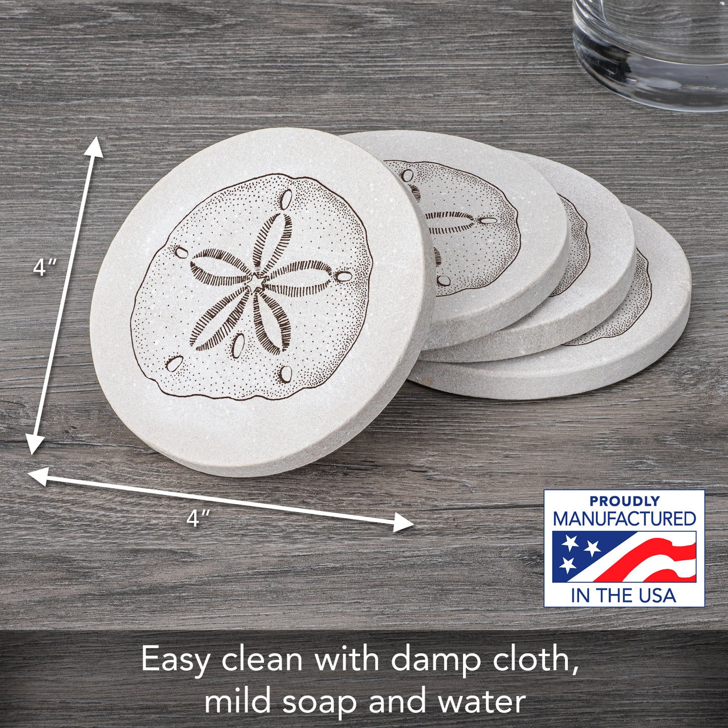 Thirstystone Sand Dollar 4 Pack Round Natural Sandstone Coasters with Protective Cork Backing Manufactured in The USA