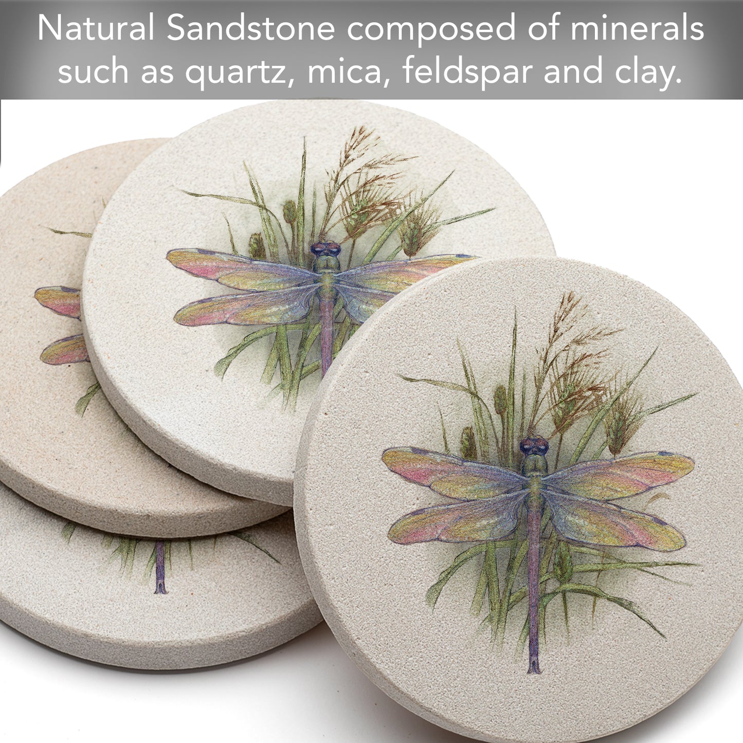 Thirstystone Dragonfly 4 Pack Round Natural Sandstone Coasters with Protective Cork Backing Manufactured in The USA