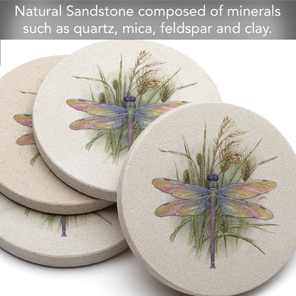 Thirstystone Dragonfly 4 Pack Round Natural Sandstone Coasters with Protective Cork Backing Manufactured in The USA