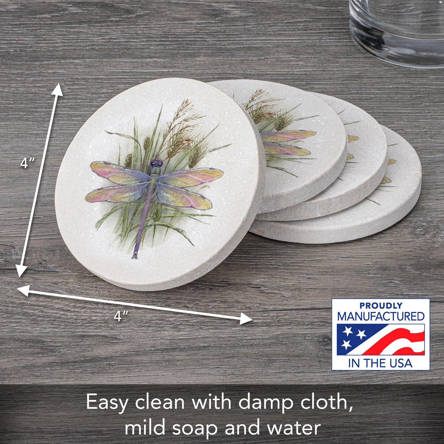 Thirstystone Dragonfly 4 Pack Round Natural Sandstone Coasters with Protective Cork Backing Manufactured in The USA
