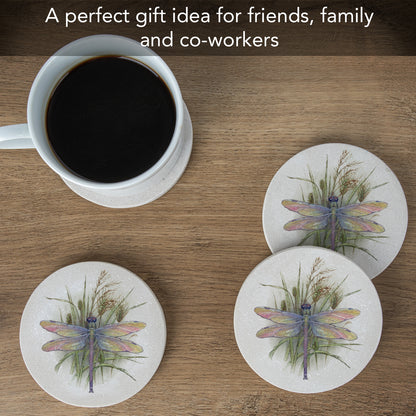 Thirstystone Dragonfly 4 Pack Round Natural Sandstone Coasters with Protective Cork Backing Manufactured in The USA