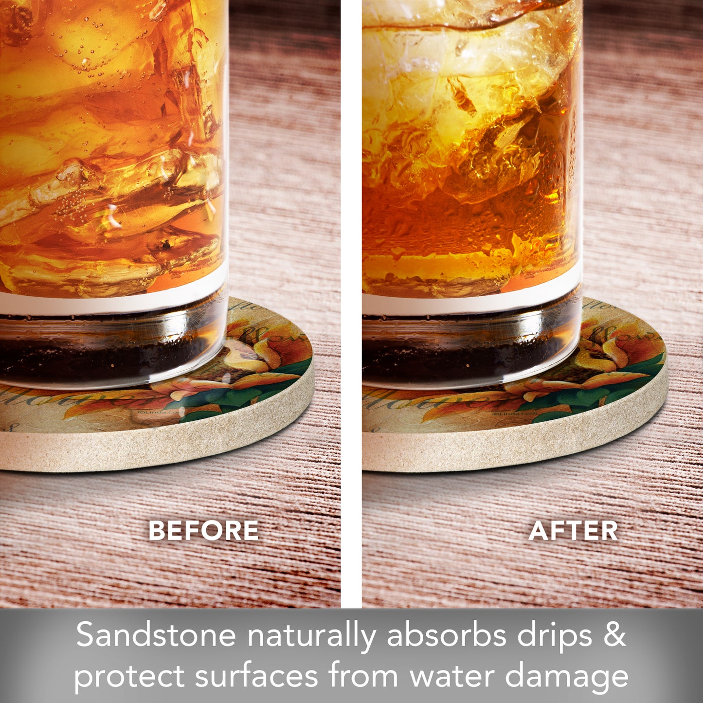 Thirstystone Sunflower II Natural Sandstone Coaster 4 Pack Eco-Friendly, Absorbent, Easily Wipes Clean