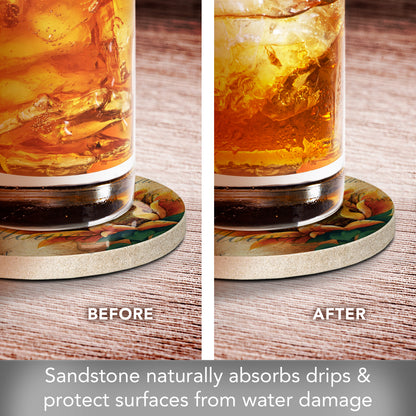 Thirstystone Sunflower II Natural Sandstone Coaster 4 Pack Eco-Friendly, Absorbent, Easily Wipes Clean