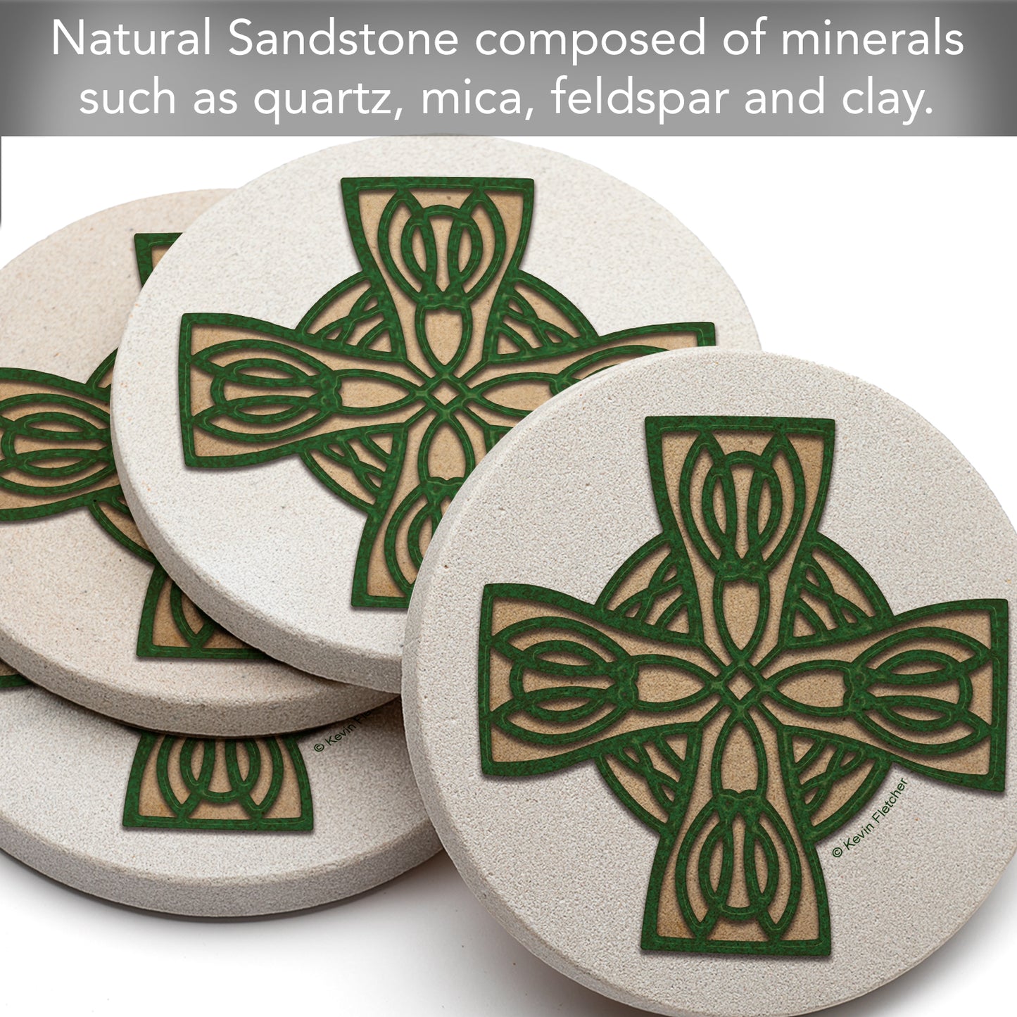 Thirstystone Celtic Cross Natural Sandstone Coaster 4 Pack Eco-Friendly, Absorbent, Easily Wipes Clean