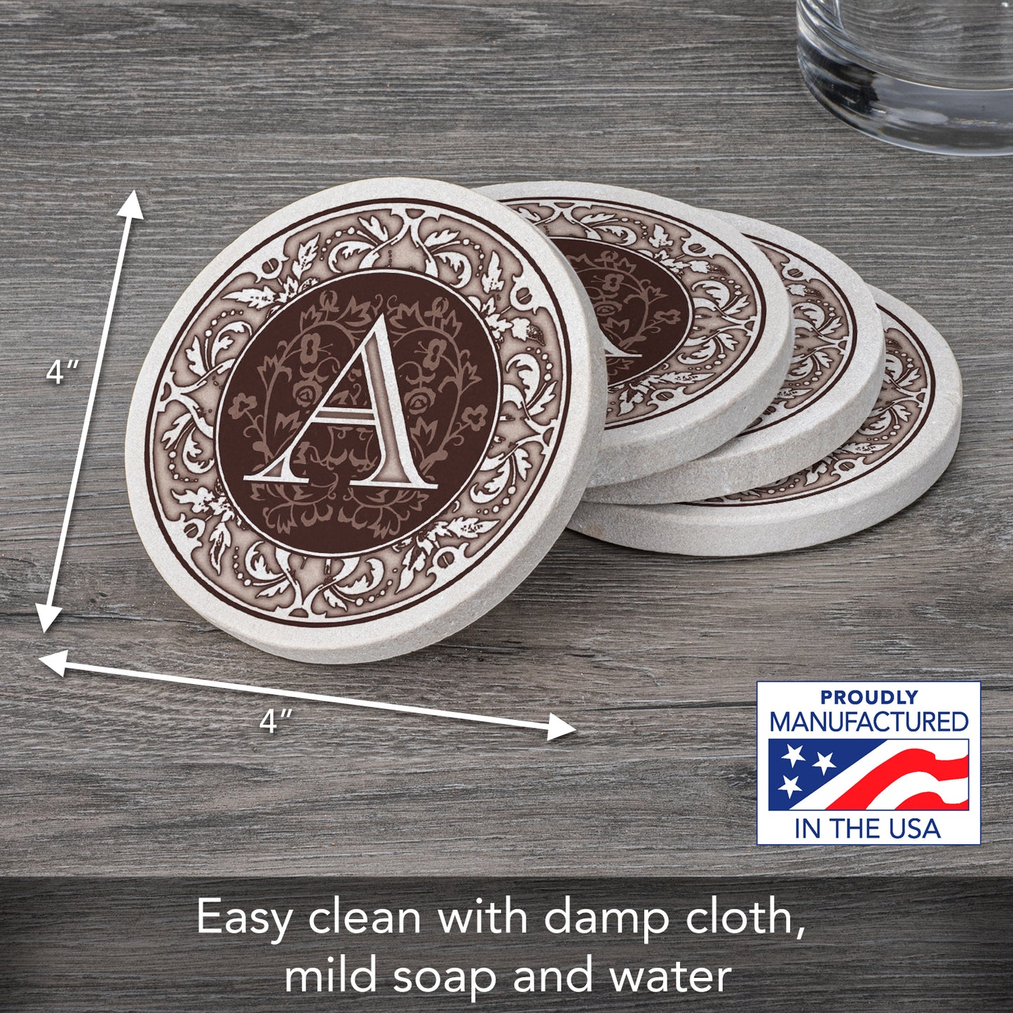 Thirstystone 4 Pack Monogram Natural Sandstone Coasters 4" Diameter