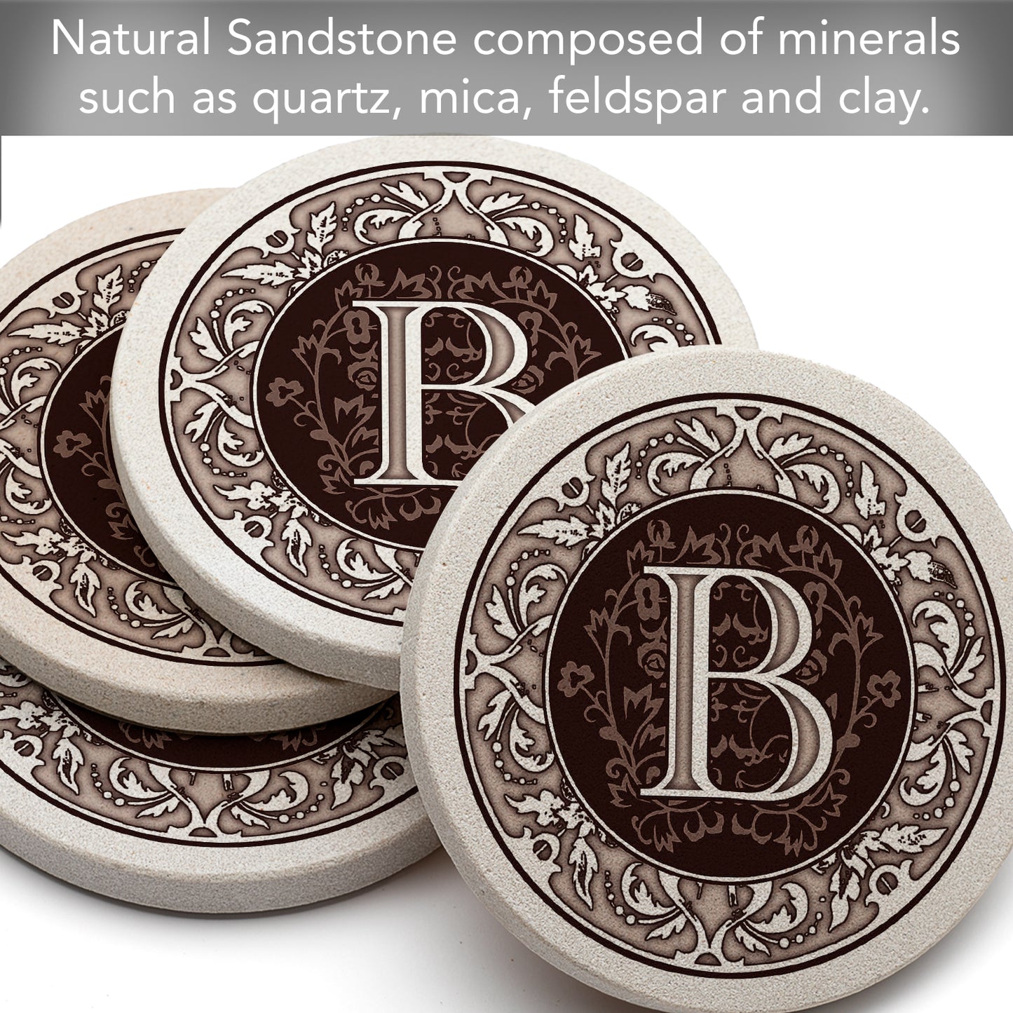 Thirstystone 4 Pack Monogram Letter B Sandstone Coasters in Bronze Iron Ram Coaster Holder