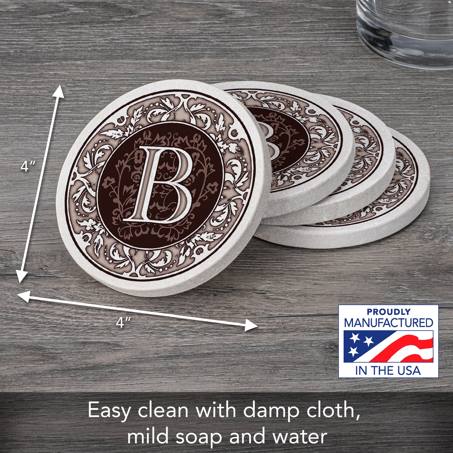 Thirstystone 4 Pack Monogram Letter B Sandstone Coasters in Bronze Iron Ram Coaster Holder
