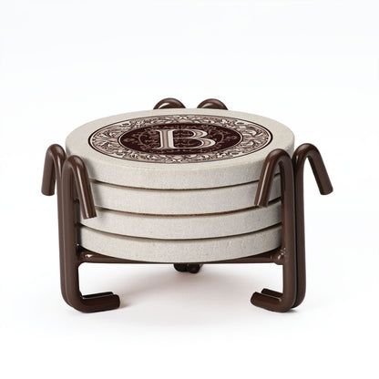Thirstystone 4 Pack Monogram Letter B Sandstone Coasters in Bronze Iron Ram Coaster Holder