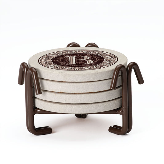Thirstystone 4 Pack Monogram Letter B Sandstone Coasters in Bronze Iron Ram Coaster Holder