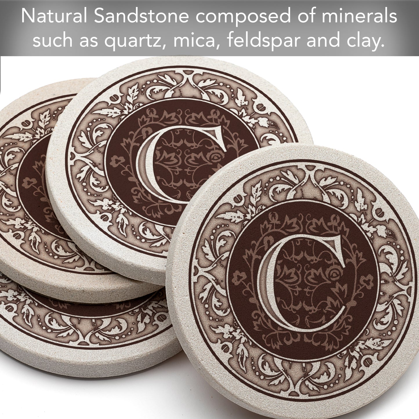 Thirstystone 4 Pack Monogram Letter C Sandstone Coasters in Bronze Iron Ram Coaster Holder