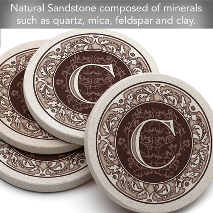 Thirstystone 4 Pack Monogram Letter C Sandstone Coasters in Bronze Iron Ram Coaster Holder
