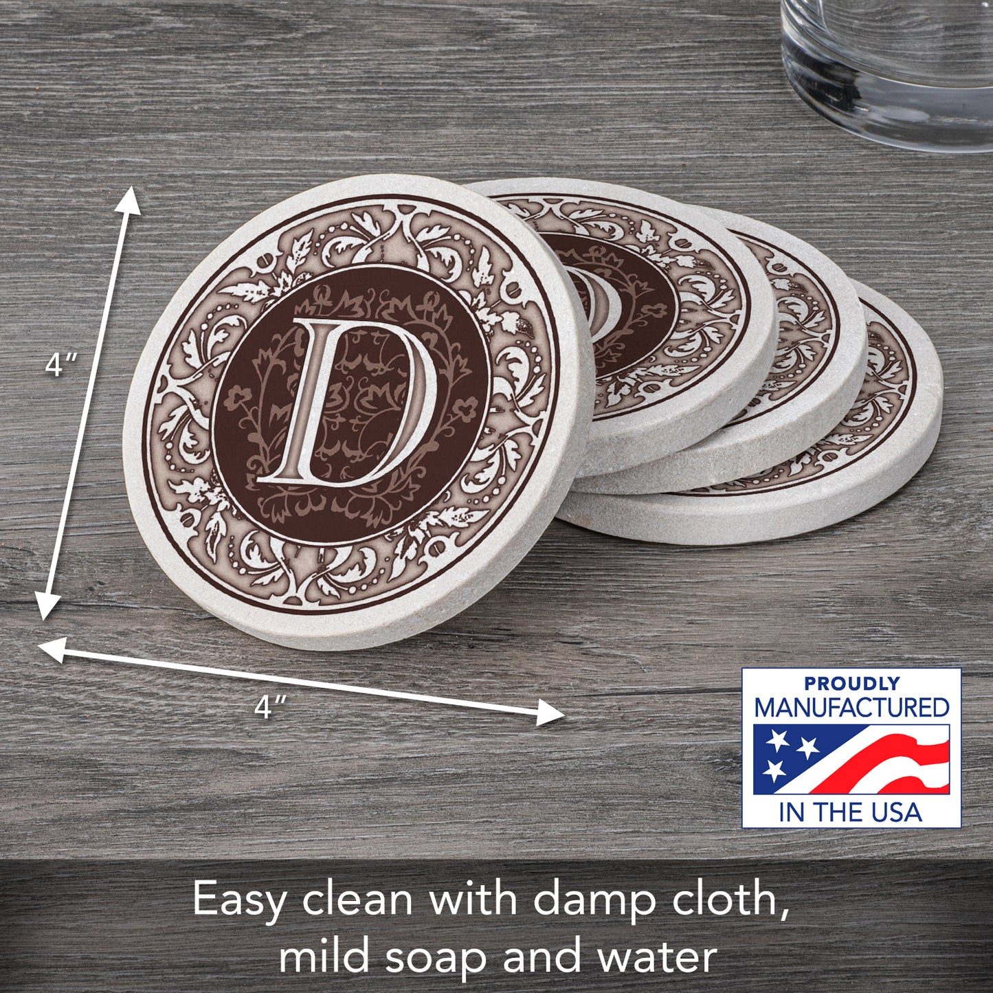 Thirstystone 4 Pack Monogram Letter D Sandstone Coasters in Bronze Iron Ram Coaster Holder
