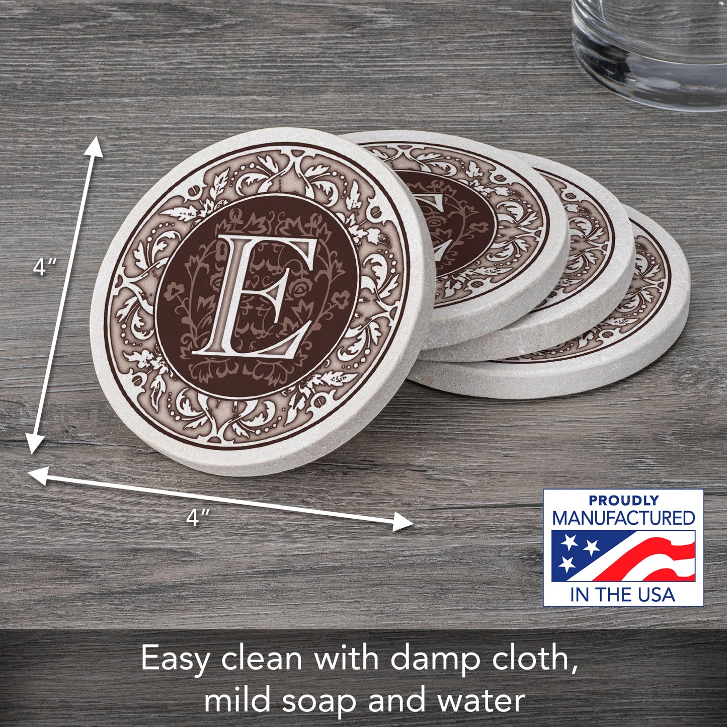 Thirstystone 4 Pack Monogram Letter E Sandstone Coasters in Bronze Iron Ram Coaster Holder 4.75" x 4.38" x 2.75"