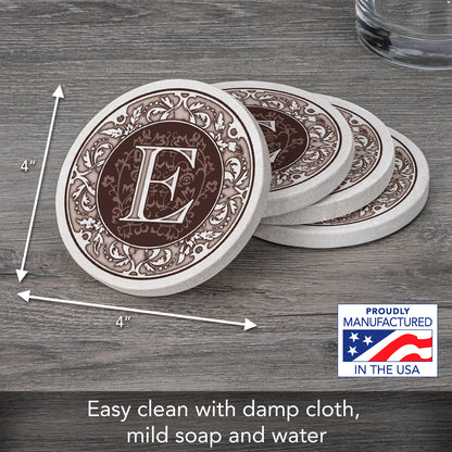 Thirstystone 4 Pack Monogram Letter E Sandstone Coasters in Bronze Iron Ram Coaster Holder 4.75" x 4.38" x 2.75"