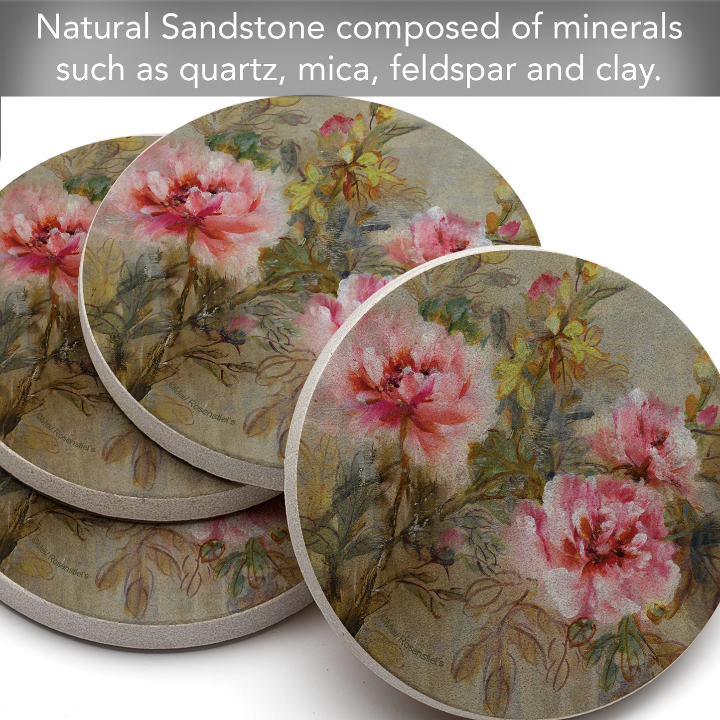 Thirstystone Paeona II Natural Sandstone Coaster 4 Pack Eco-Friendly, Absorbent, Easily Wipes Clean