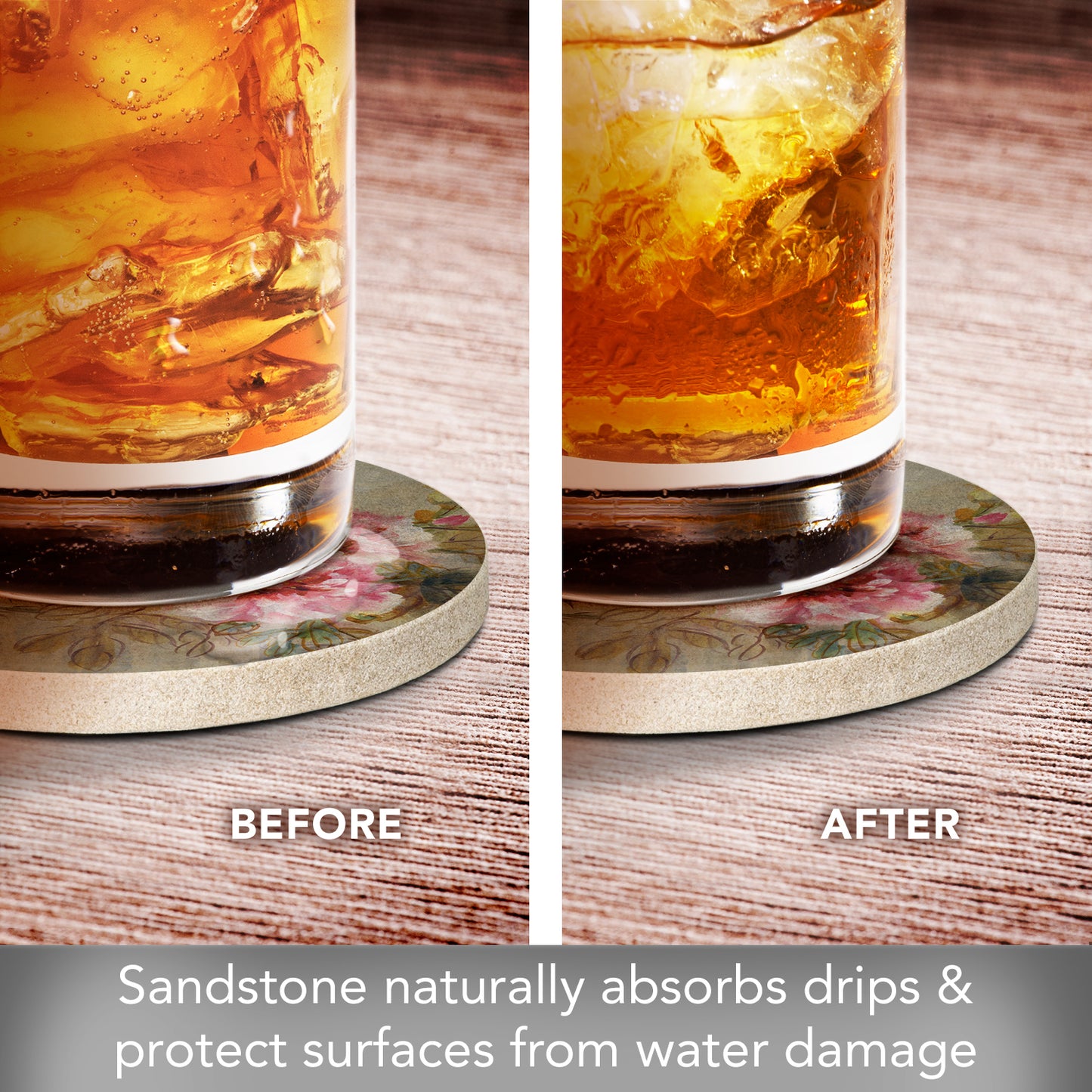 Thirstystone Paeona II Natural Sandstone Coaster 4 Pack Eco-Friendly, Absorbent, Easily Wipes Clean