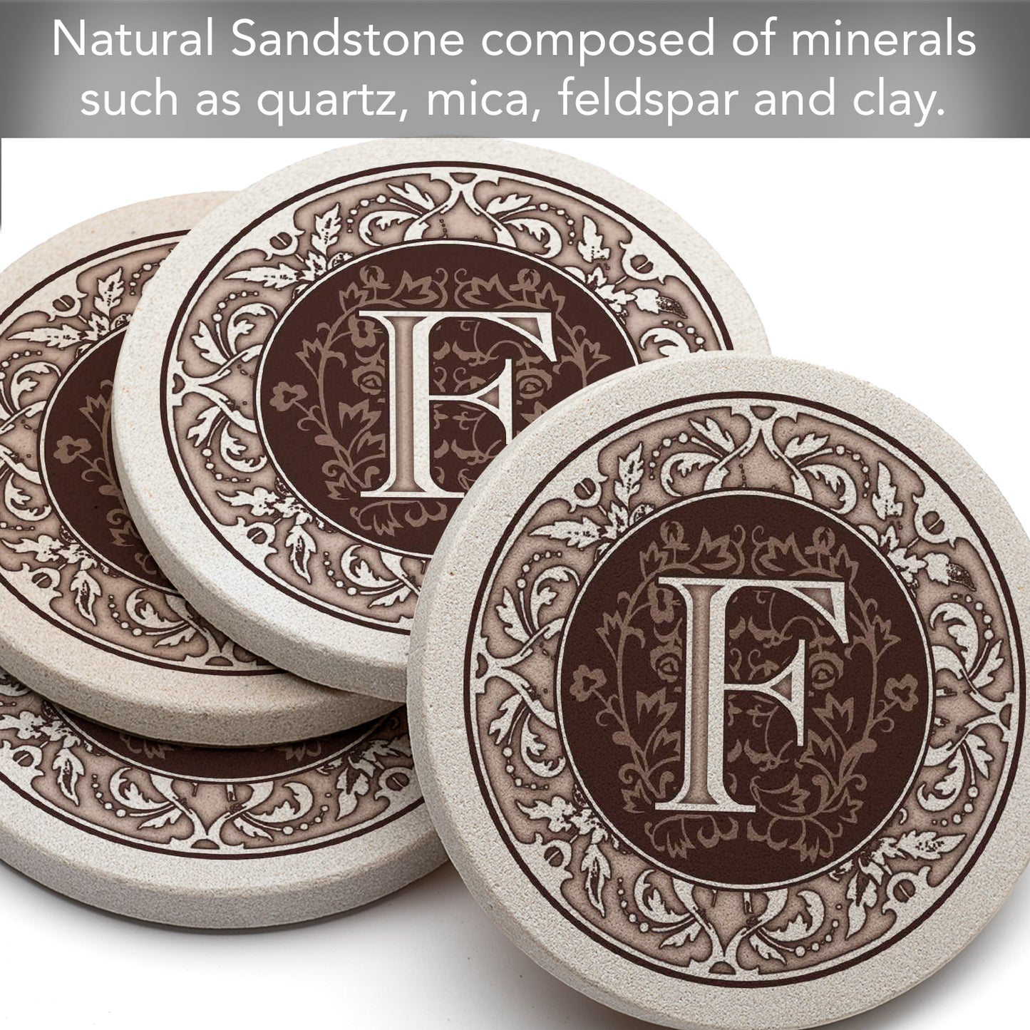 Thirstystone 4 Pack Monogram Letter F Sandstone Coasters in Bronze Iron Ram Coaster Holder 4.75" x 4.38" x 2.75"
