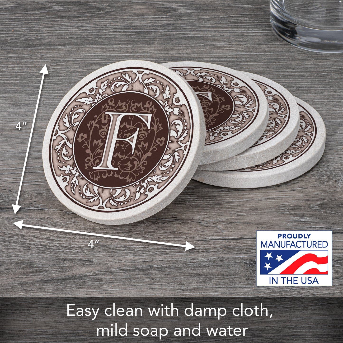 Thirstystone 4 Pack Monogram Letter F Sandstone Coasters in Bronze Iron Ram Coaster Holder 4.75" x 4.38" x 2.75"