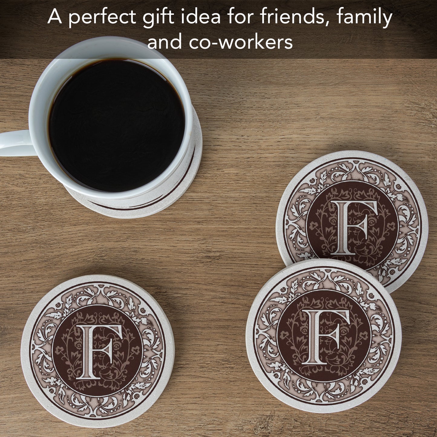 Thirstystone 4 Pack Monogram Letter F Sandstone Coasters in Bronze Iron Ram Coaster Holder 4.75" x 4.38" x 2.75"