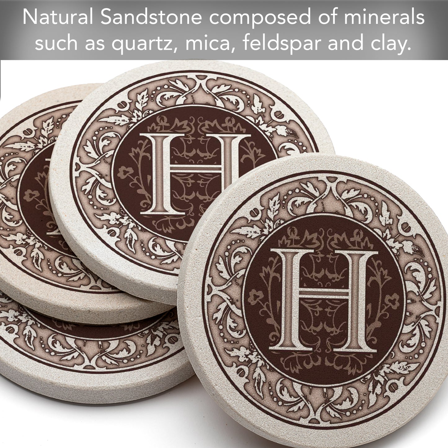 Thirstystone 4 Pack Monogram Letter H Sandstone Coasters in Bronze Iron Ram Coaster Holder 4.75" x 4.38" x 2.75"