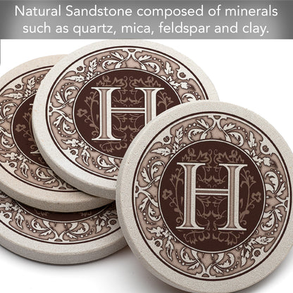 Thirstystone 4 Pack Monogram Letter H Sandstone Coasters in Bronze Iron Ram Coaster Holder 4.75" x 4.38" x 2.75"