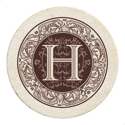 Thirstystone 4 Pack Monogram Letter H Sandstone Coasters in Bronze Iron Ram Coaster Holder 4.75" x 4.38" x 2.75"