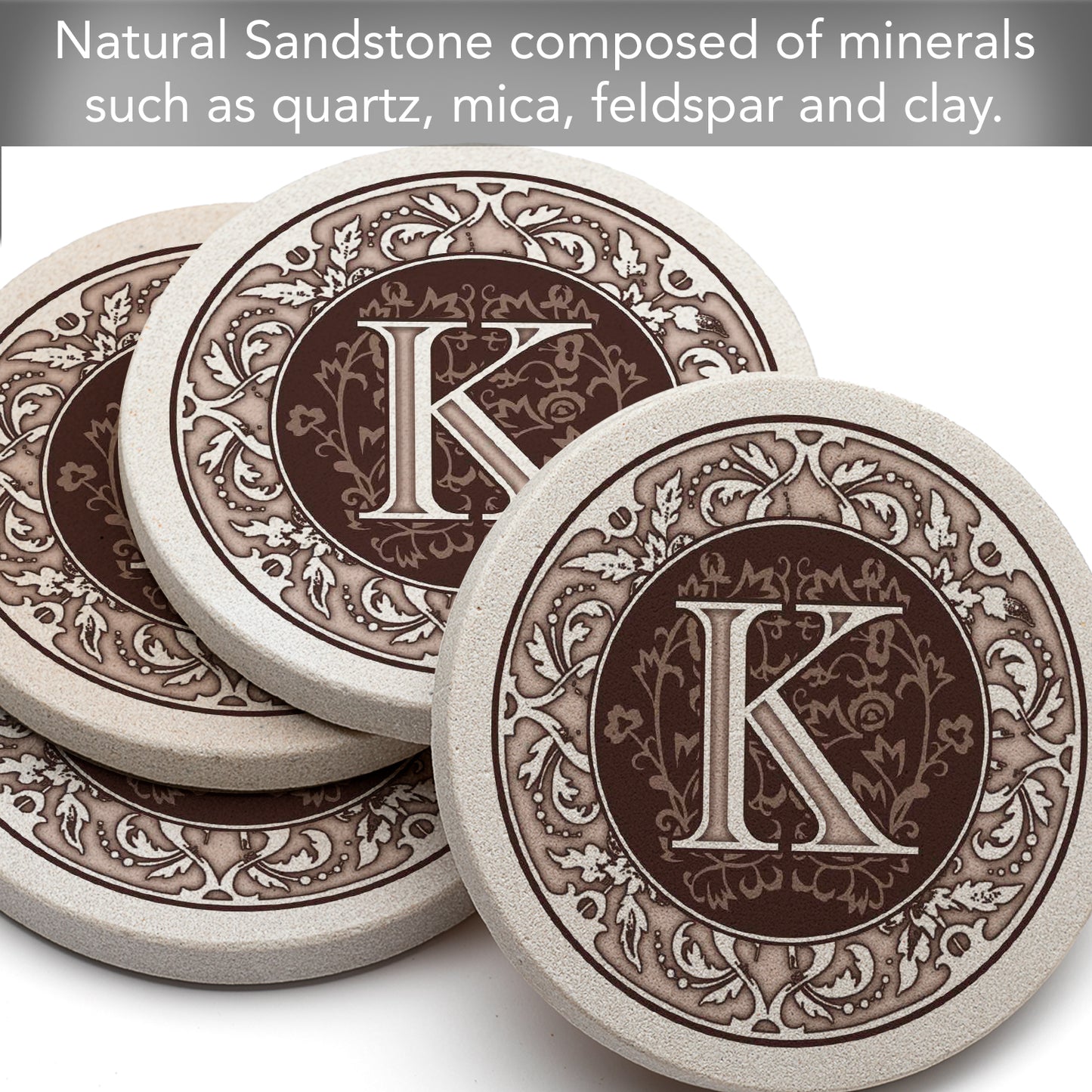 Thirstystone 4 Pack Monogram Letter K Sandstone Coasters in Bronze Iron Ram Coaster Holder 4.75" x 4.38" x 2.75"