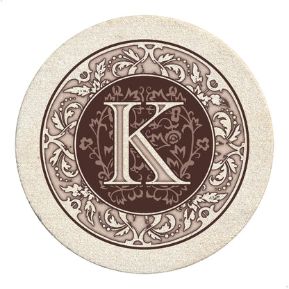 Thirstystone 4 Pack Monogram Letter K Sandstone Coasters in Bronze Iron Ram Coaster Holder 4.75" x 4.38" x 2.75"