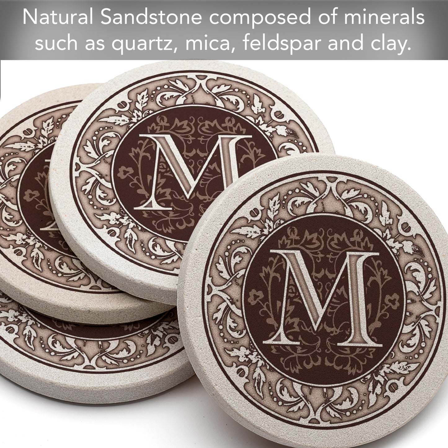 Thirstystone 4 Pack Monogram Letter M Sandstone Coasters in Bronze Iron Ram Coaster Holder 4.75" x 4.38" x 2.75"