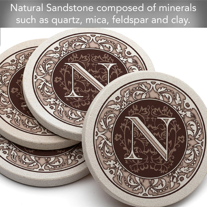 Thirstystone 4 Pack Monogram Letter N Sandstone Coasters in Bronze Iron Ram Coaster Holder 4.75" x 4.38" x 2.75"