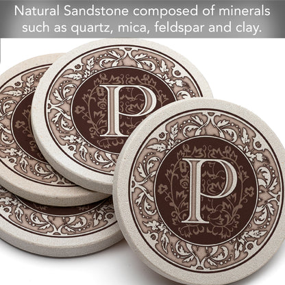 Thirstystone 4 Pack Monogram Letter P Sandstone Coasters in Bronze Iron Ram Coaster Holder 4.75" x 4.38" x 2.75"