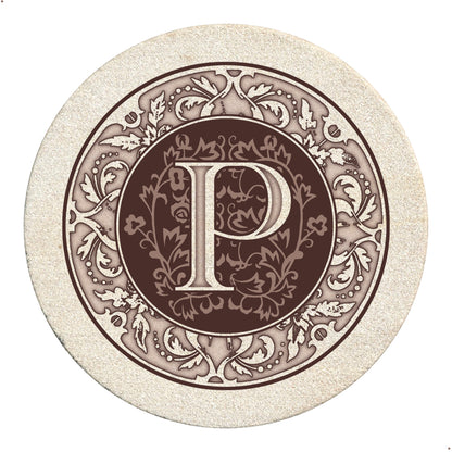 Thirstystone 4 Pack Monogram Letter P Sandstone Coasters in Bronze Iron Ram Coaster Holder 4.75" x 4.38" x 2.75"