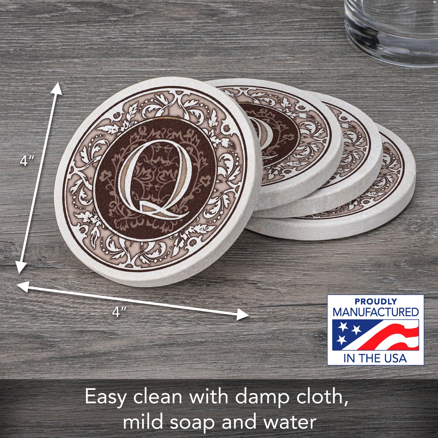 Thirstystone 4 Pack Monogram Letter Q Sandstone Coasters in Bronze Iron Ram Coaster Holder 4.75" x 4.38" x 2.75"