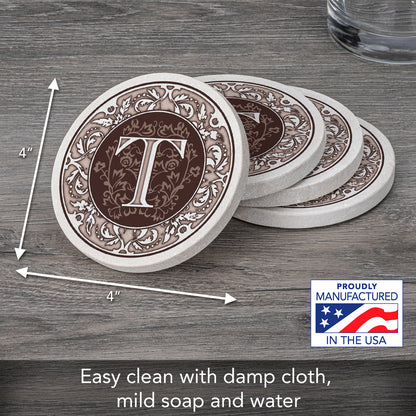 Thirstystone 4 Pack Monogram Letter T Sandstone Coasters in Bronze Iron Ram Coaster Holder 4.75" x 4.38" x 2.75"