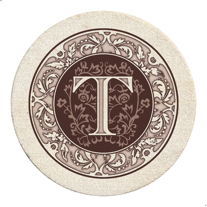 Thirstystone 4 Pack Monogram Letter T Sandstone Coasters in Bronze Iron Ram Coaster Holder 4.75" x 4.38" x 2.75"