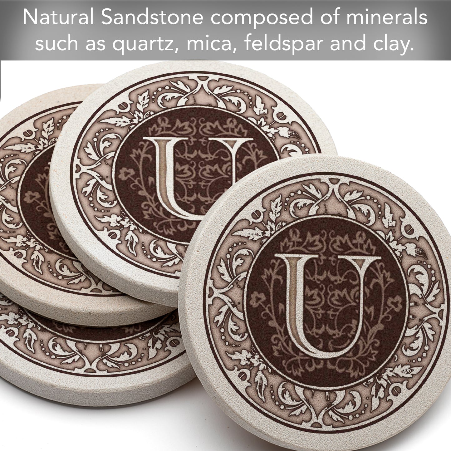 Thirstystone 4 Pack Monogram Letter U Sandstone Coasters in Bronze Iron Ram Coaster Holder 4.75" x 4.38" x 2.75"