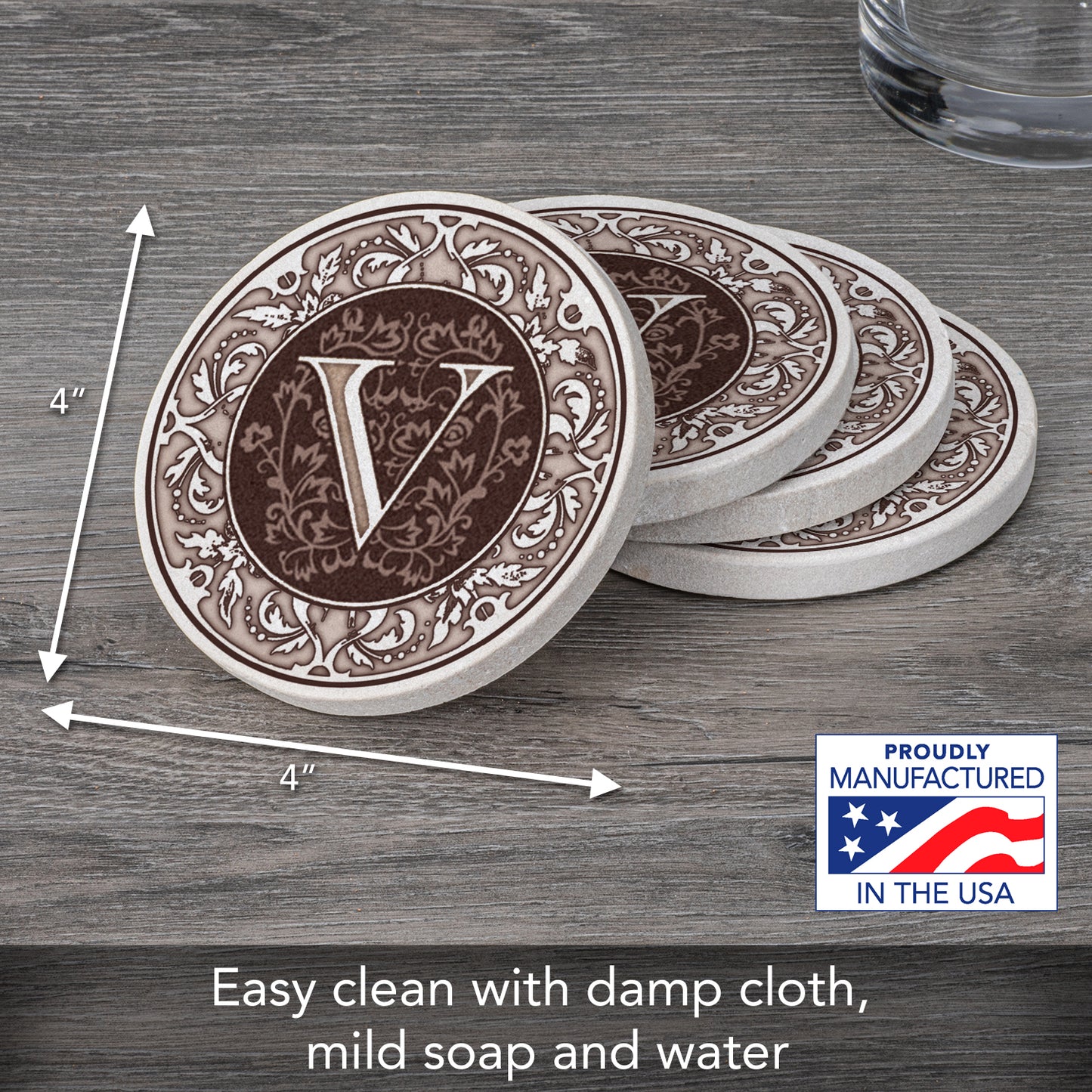 Thirstystone 4 Pack Monogram Letter V Sandstone Coasters in Bronze Iron Ram Coaster Holder 4.75" x 4.38" x 2.75"