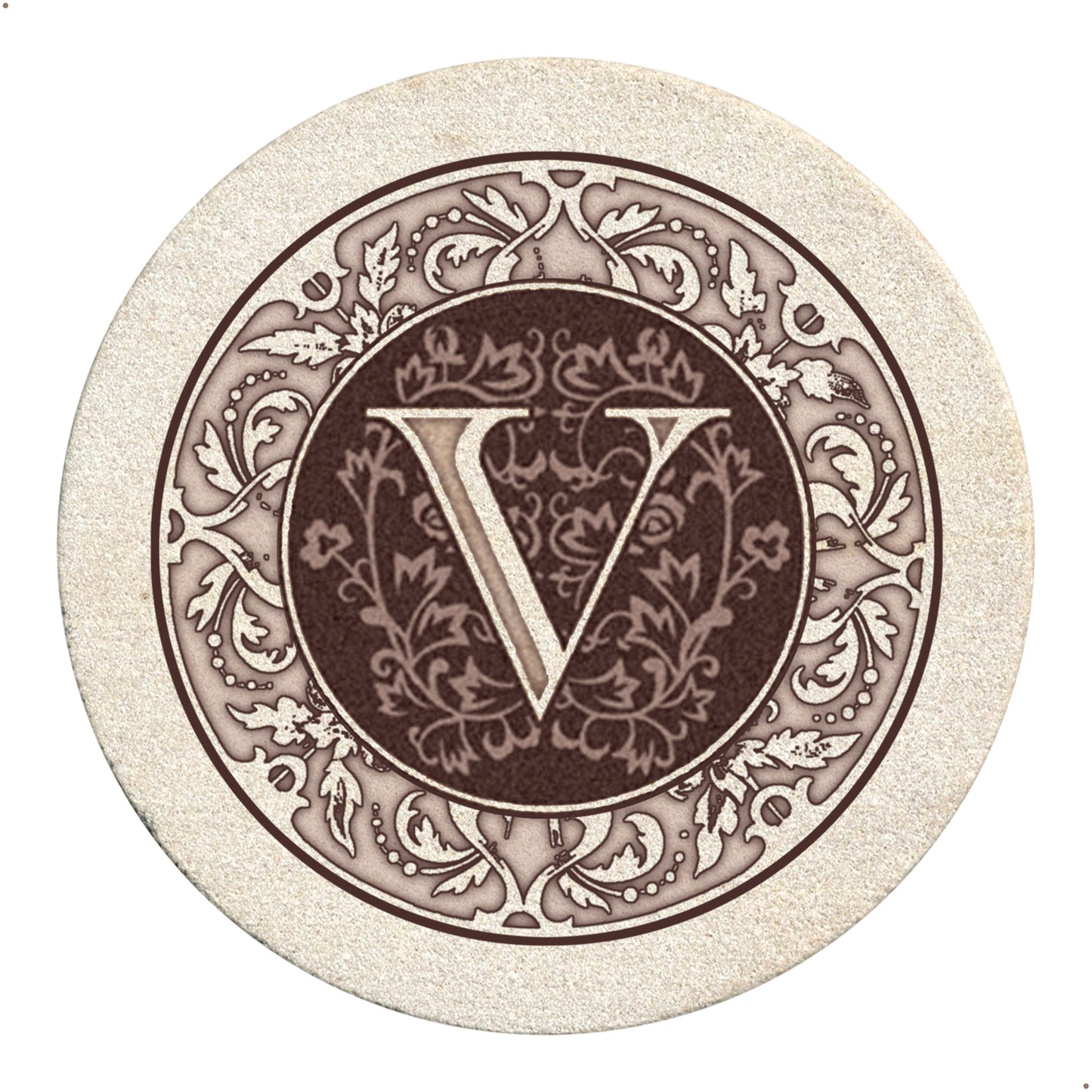 Thirstystone 4 Pack Monogram Letter V Sandstone Coasters in Bronze Iron Ram Coaster Holder 4.75" x 4.38" x 2.75"