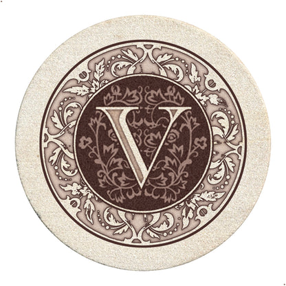 Thirstystone 4 Pack Monogram Letter V Sandstone Coasters in Bronze Iron Ram Coaster Holder 4.75" x 4.38" x 2.75"