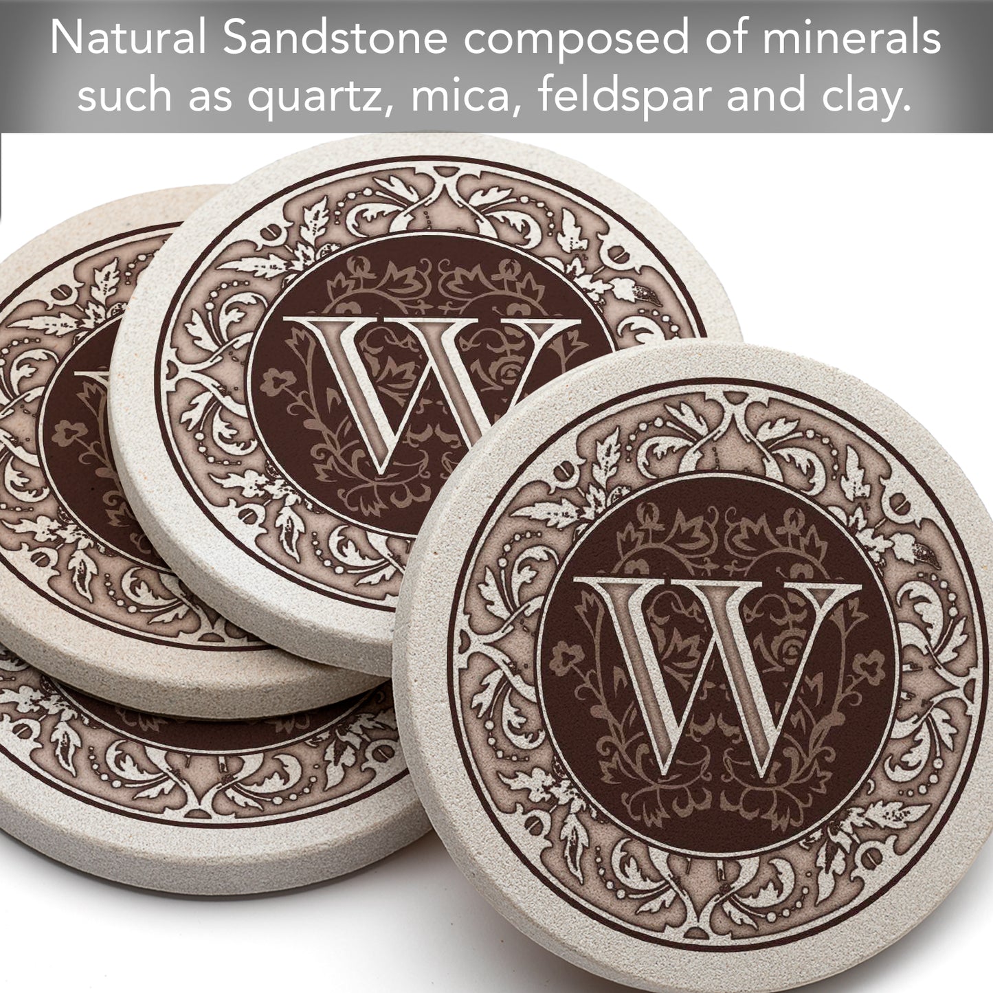 Thirstystone 4 Pack Monogram Letter W Sandstone Coasters in Bronze Iron Ram Coaster Holder 4.75" x 4.38" x 2.75"