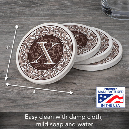 Thirstystone 4 Pack Monogram Letter X Sandstone Coasters in Bronze Iron Ram Coaster Holder 4.75" x 4.38" x 2.75"