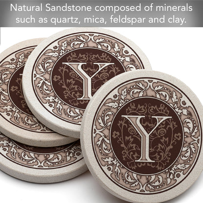 Thirstystone 4 Pack Monogram Letter Y Sandstone Coasters in Bronze Iron Ram Coaster Holder 4.75" x 4.38" x 2.75"