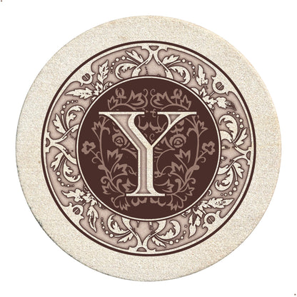 Thirstystone 4 Pack Monogram Letter Y Sandstone Coasters in Bronze Iron Ram Coaster Holder 4.75" x 4.38" x 2.75"