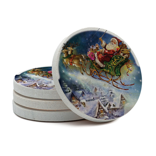Thirstystone Santa’s Sleigh 4 Pack Natural Sandstone Coasters 4" Round